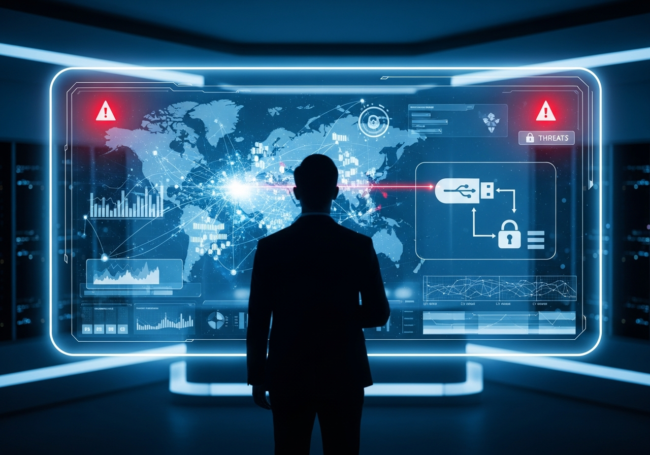 سپر دیجیتال درخشان نومیا که از یک شبکه سازمانی در برابر تهدیدات سایبری و نشت داده از طریق پورت USB محافظت می‌کند.